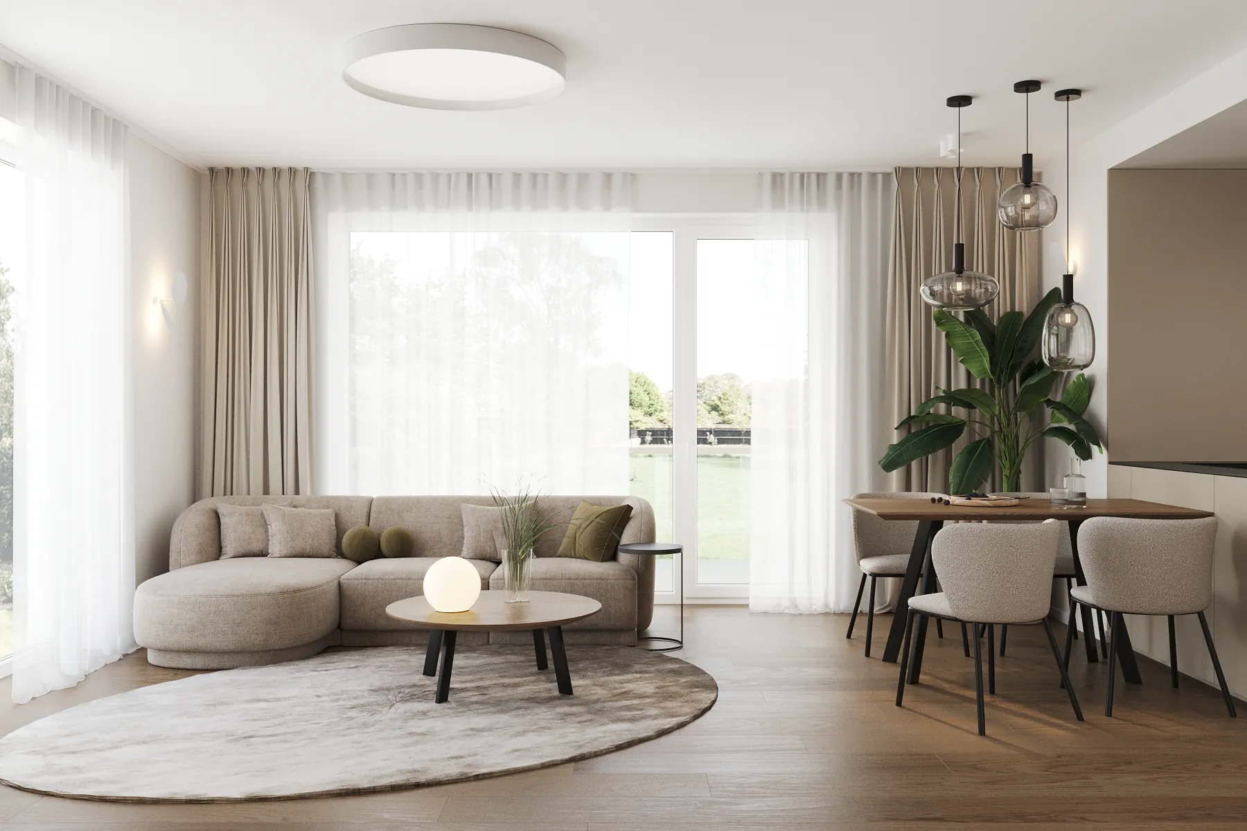 Slunný obytný prostor s jídelním stolem